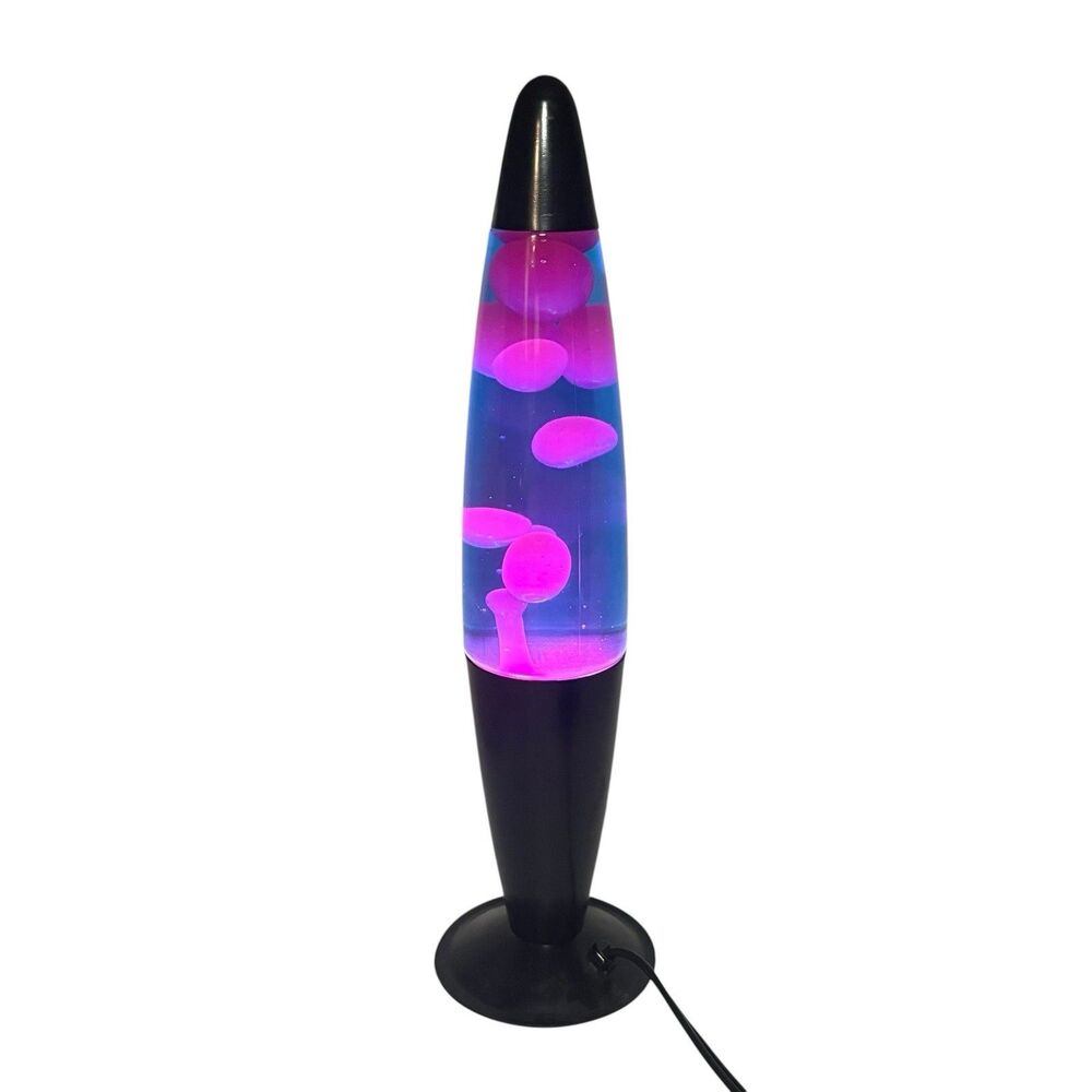 Vintage Rocket Lava Lamp Pink Wax Blue Liquid Black Base Space Age Retro Y2K 16”
